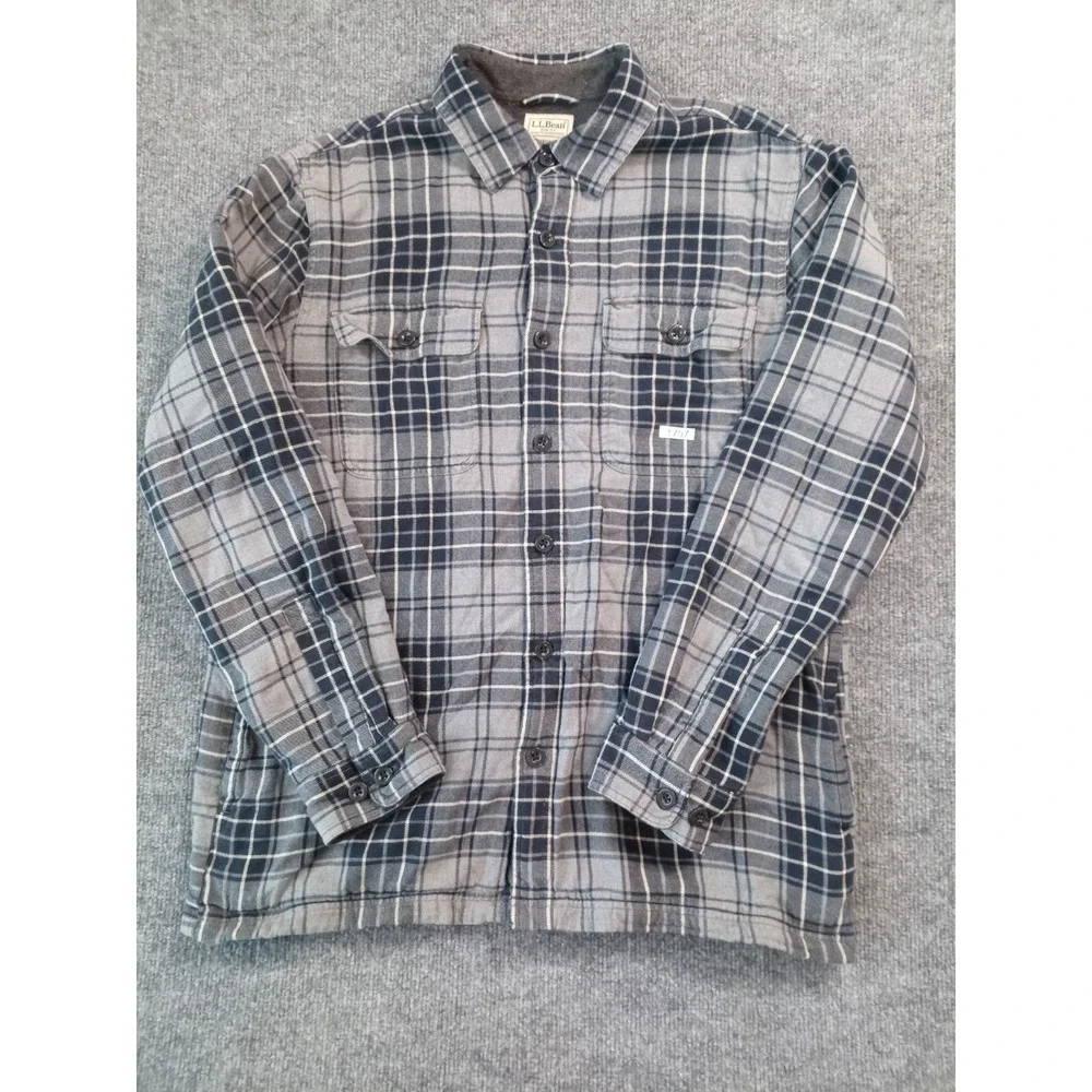 LL Bean Flannel Shirt Mens Large Gray Plaid Fleece Lined Traditional Fit